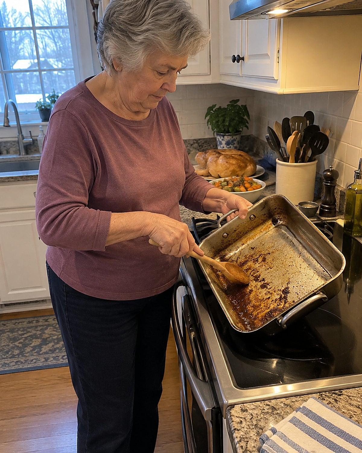 A wooden spoon scraping brown drippings from a roasting pan on the stove.