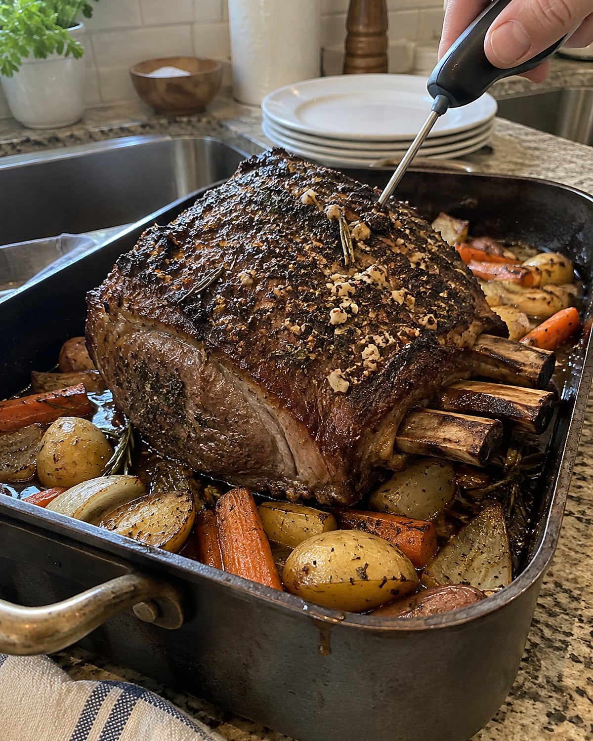 An instant-read thermometer inserted into a roast away from the bone.