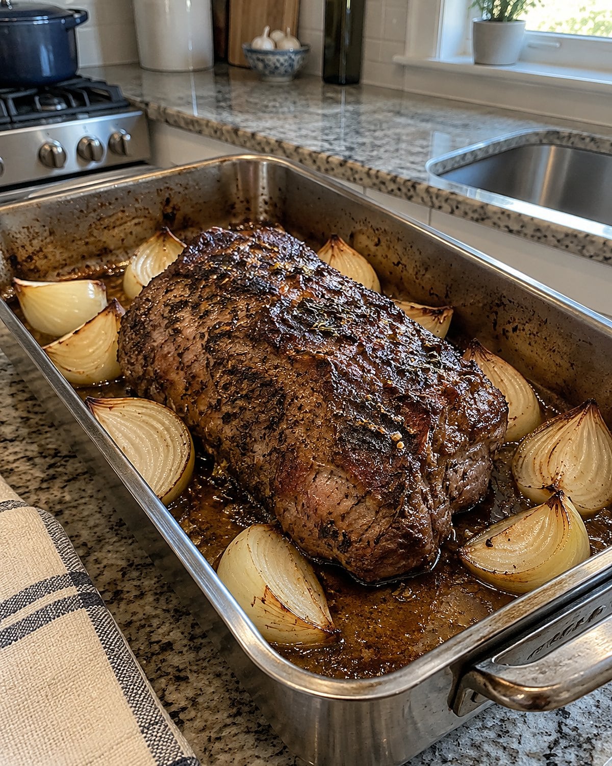 Quartered onions tucked around a roast in a metal pan.
