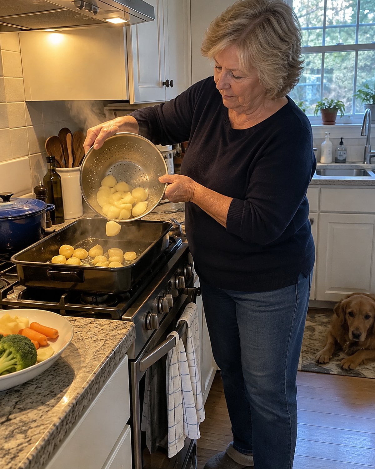 Hands lowering drained potatoes into a hot roasting pan on the stove.
