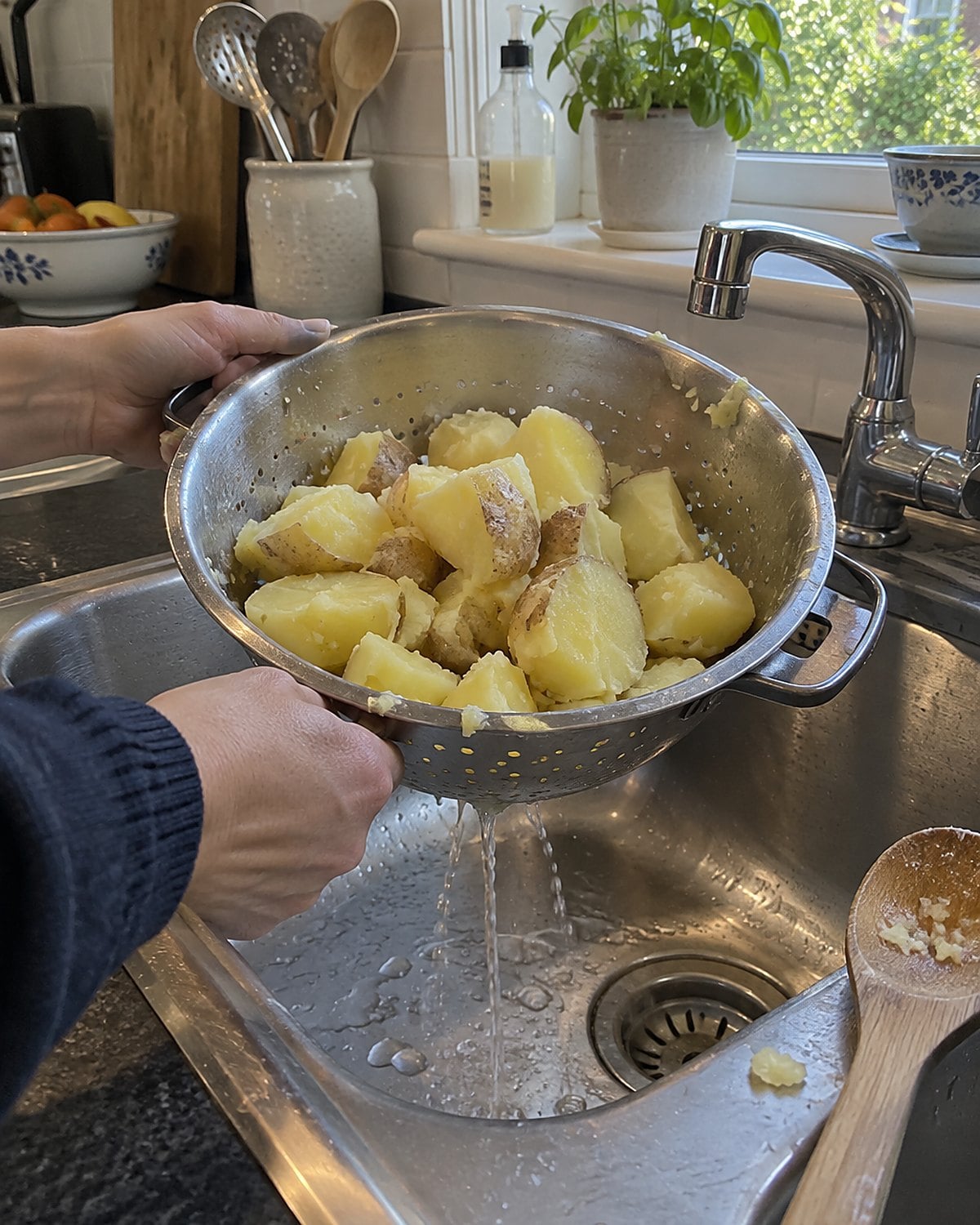 Ragged-edged boiled potatoes draining in a colander over the sink.