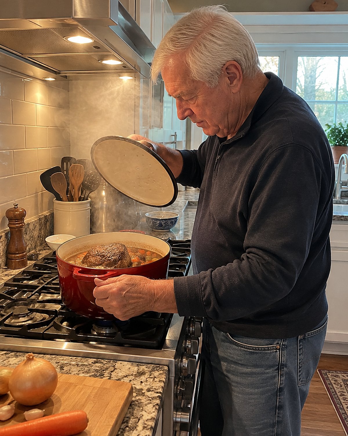 A Dutch oven lid held above a chuck roast on a home stove.