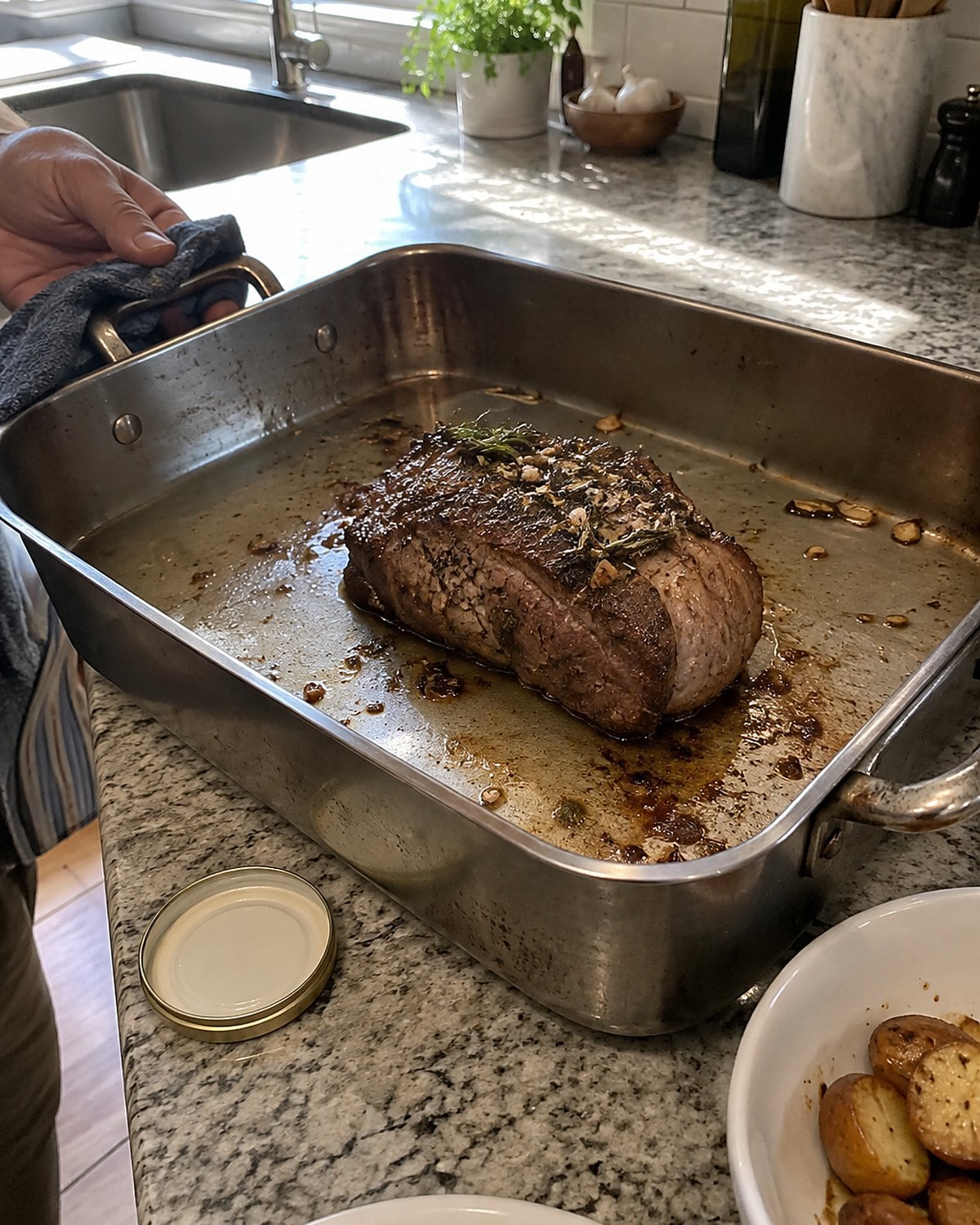 A small roast surrounded by a wide stretch of bare metal in an oversized pan.