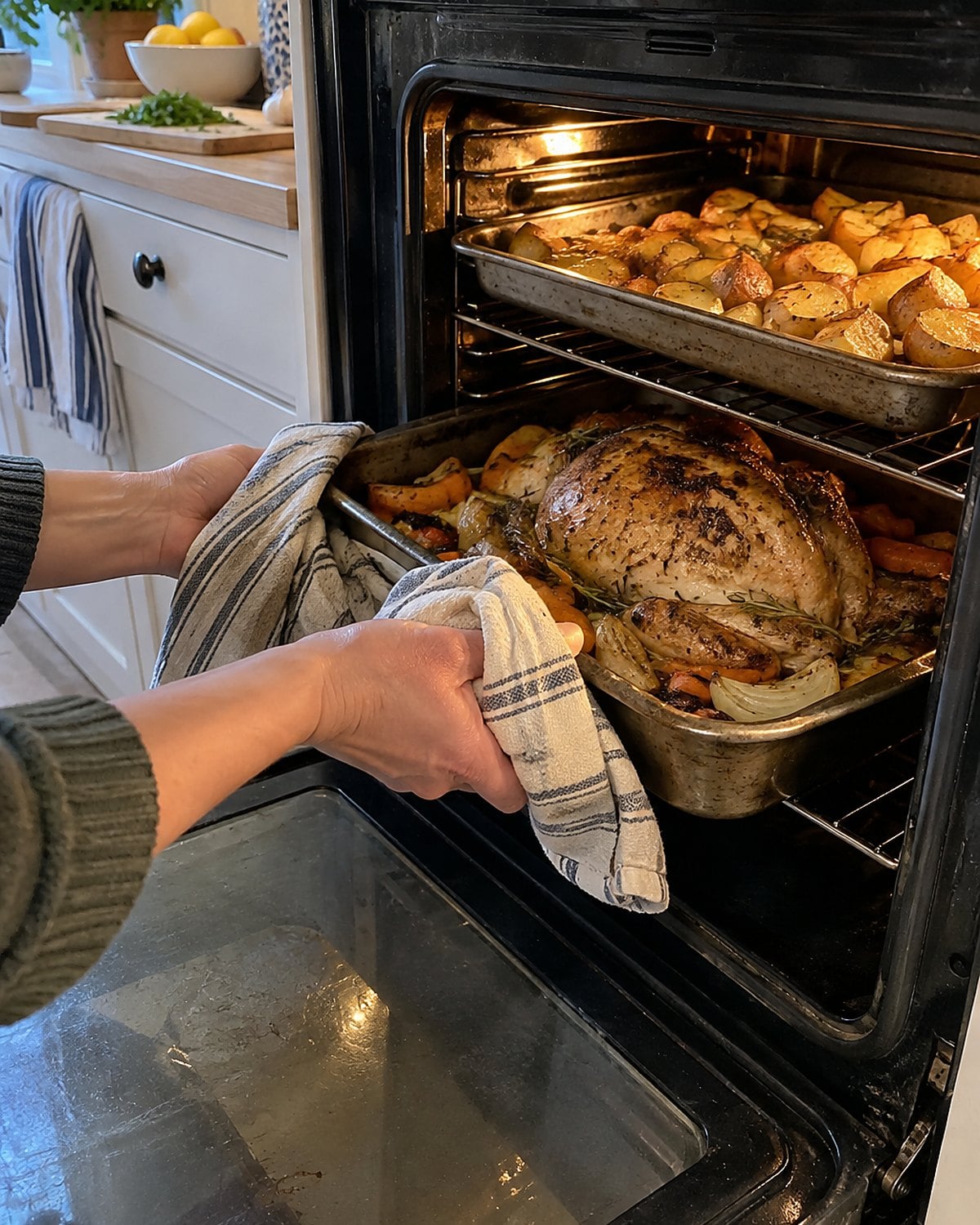 A crowded oven with a roast pan and potato tray on separate racks.