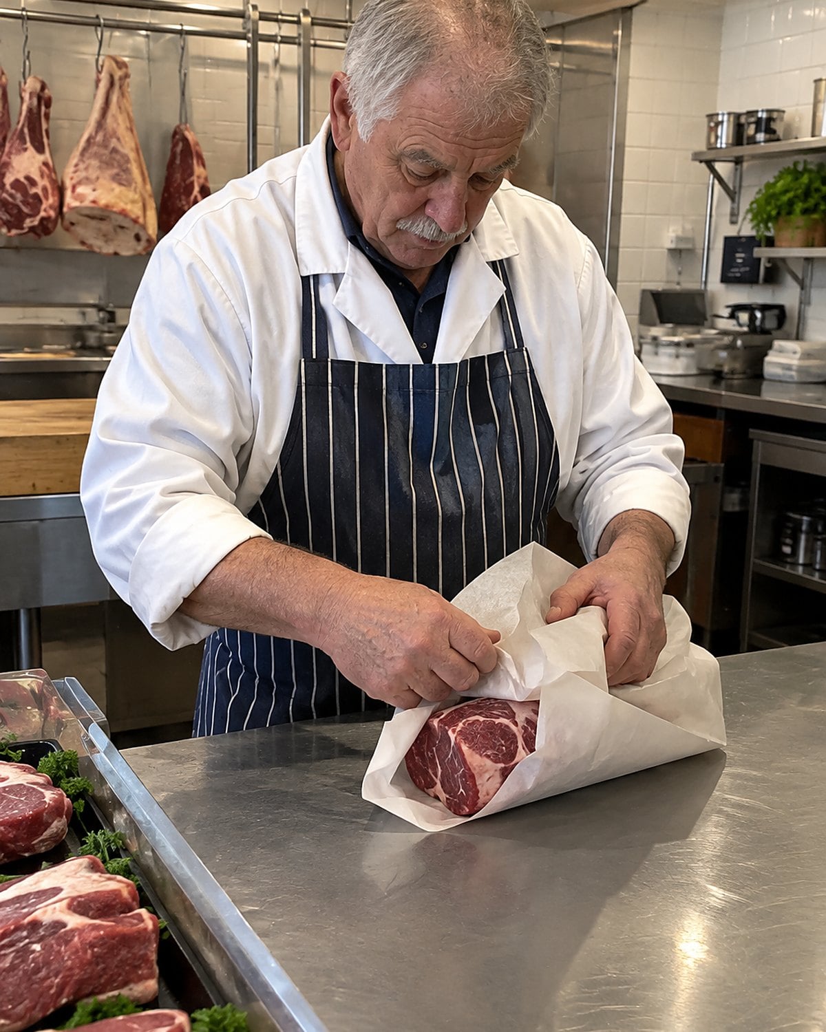 A butcher's hands wrapping a chuck roast at a market counter.