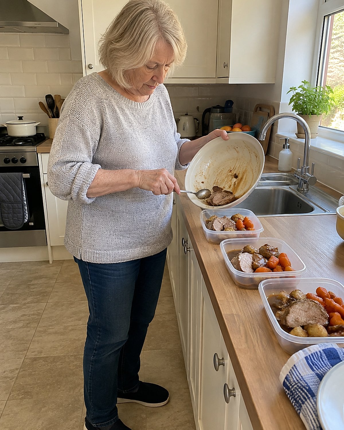 Hands dividing leftover roast and gravy into shallow containers beside the sink.