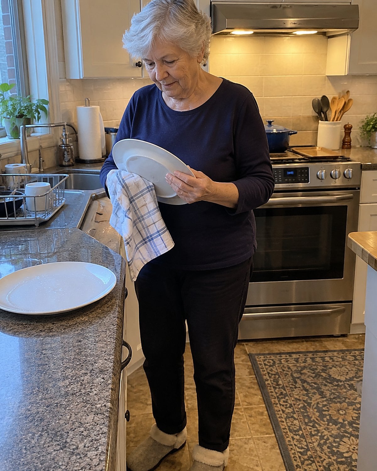 Hands drying warm dinner plates with a dish towel near the stove.