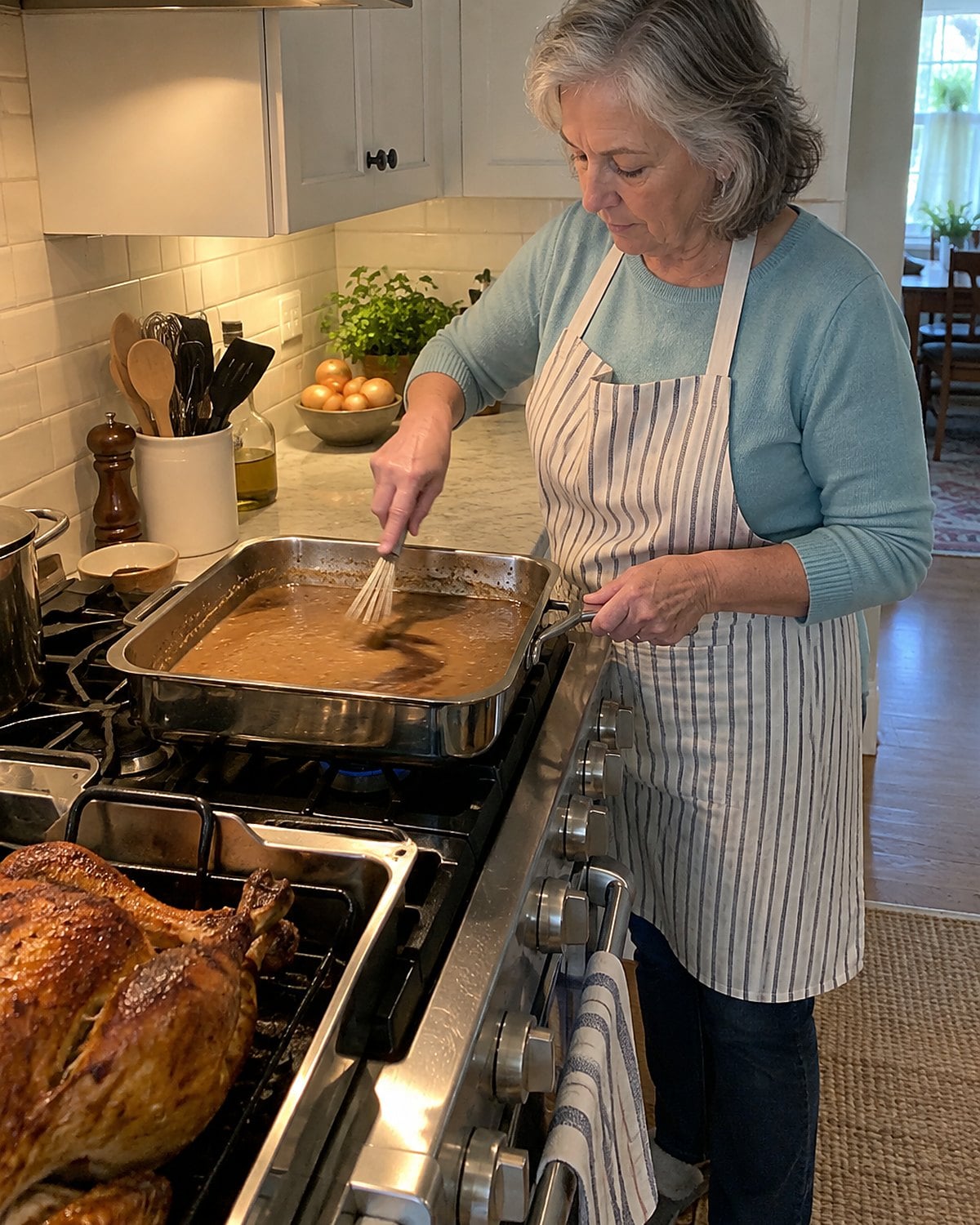 A whisk moving through gravy in a roasting pan over a stove burner.