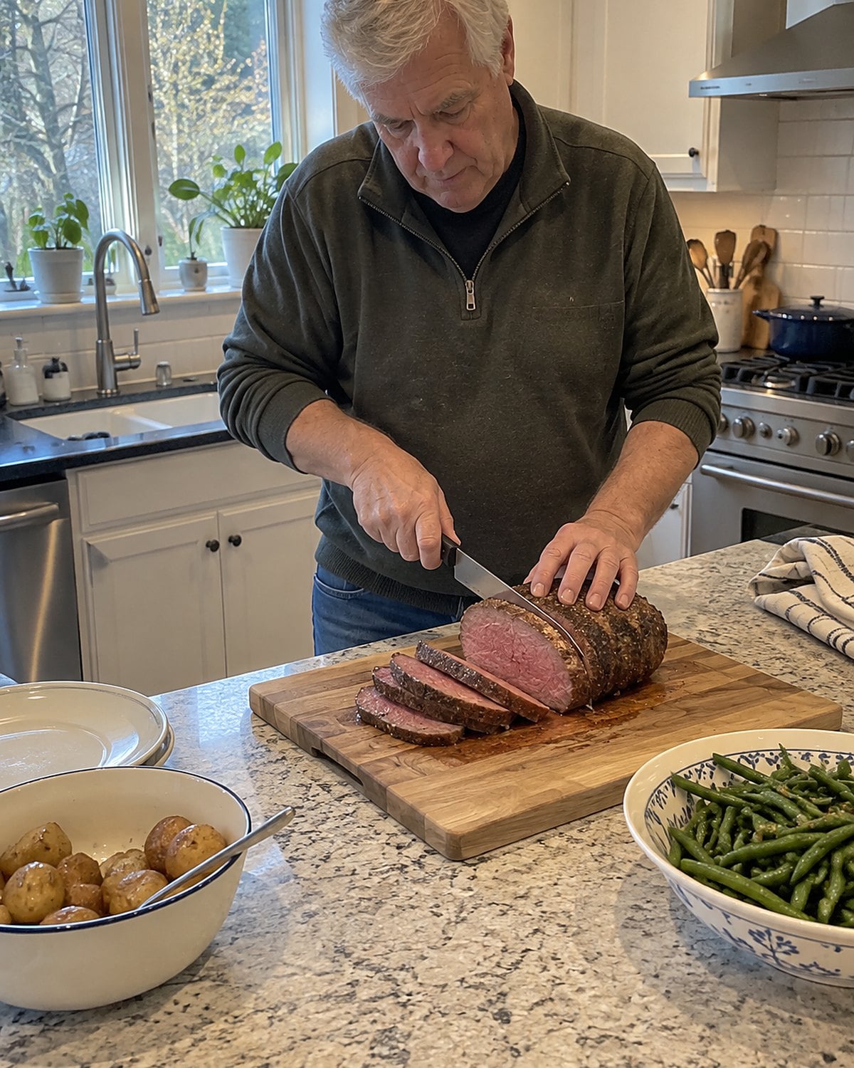 Hands slicing a rested roast across the grain on a kitchen board.