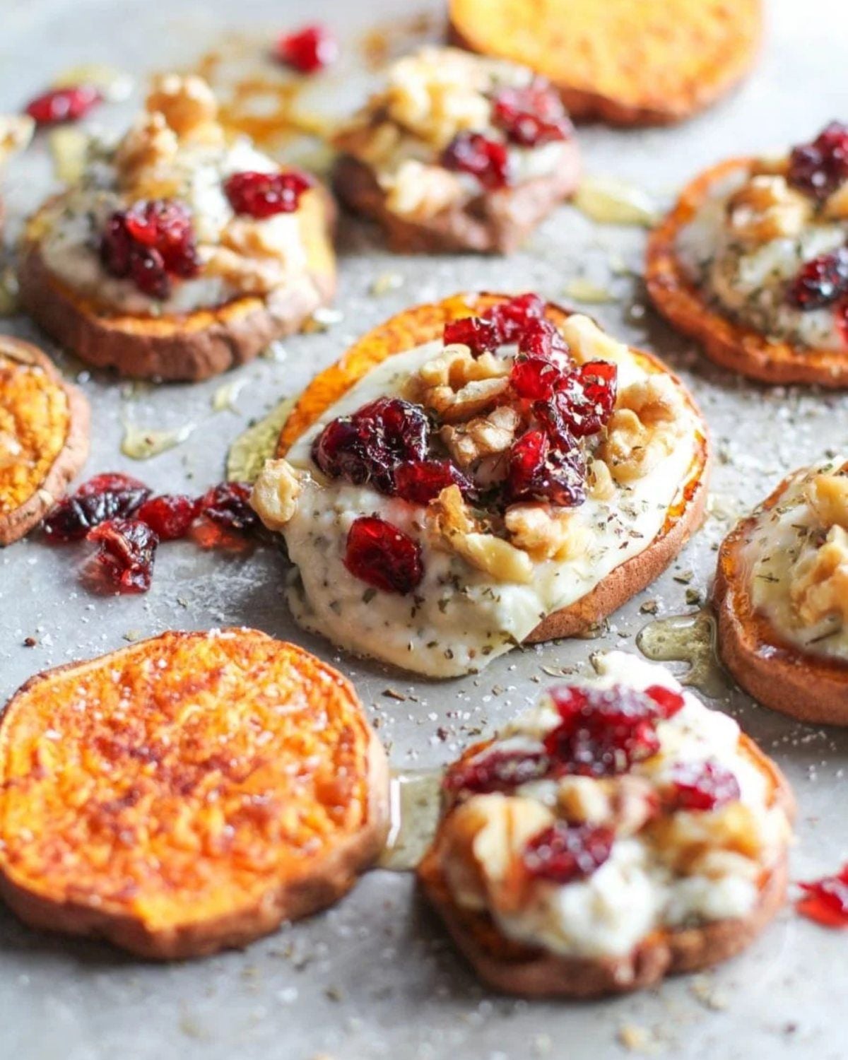 Roasted sweet potato rounds topped with creamy herbed ricotta, crunchy walnuts, dried cranberries, and a drizzle of honey for a healthy, light Thanksgiving appetizer.