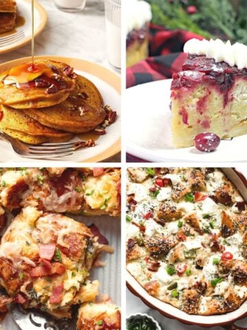 A collage of delicious breakfast dishes including pumpkin pancakes, cranberry french toast, croissant casserole, and everything bagel bake as Thanksgiving breakfast ideas.