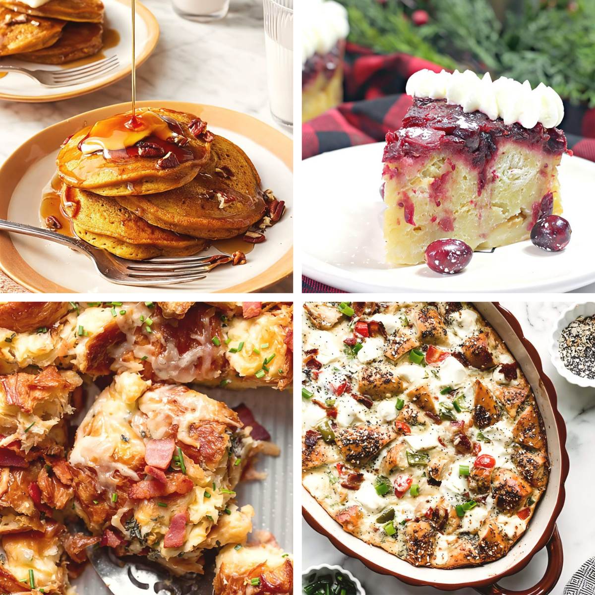 A collage of delicious breakfast dishes including pumpkin pancakes, cranberry french toast, croissant casserole, and everything bagel bake as Thanksgiving breakfast ideas.