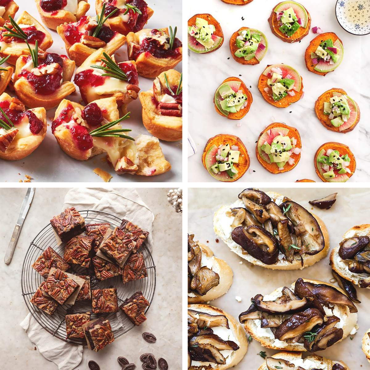 A collage featuring a variety of Thanksgiving finger food ideas including cranberry brie bites, sweet potato bites, mushroom crostini, and pecan pie brownies.