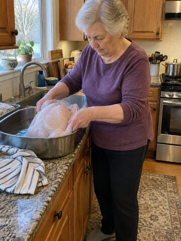 Early morning at a kitchen sink beneath a window, a woman in her seventies alone adjusting a wrapped turkey in a pan of cold water, caught mid-movement.