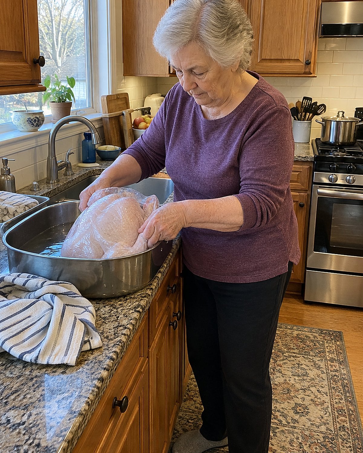 Early morning at a kitchen sink beneath a window, a woman in her seventies alone adjusting a wrapped turkey in a pan of cold water, caught mid-movement.