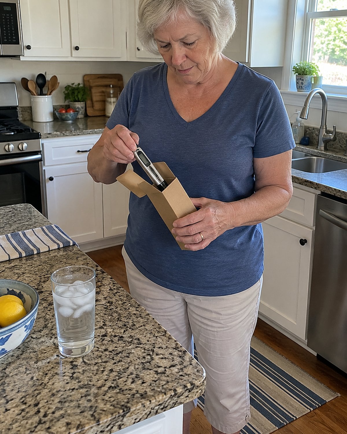 An older womanโs hands opening a food thermometer box beside a glass of ice water on the counter.