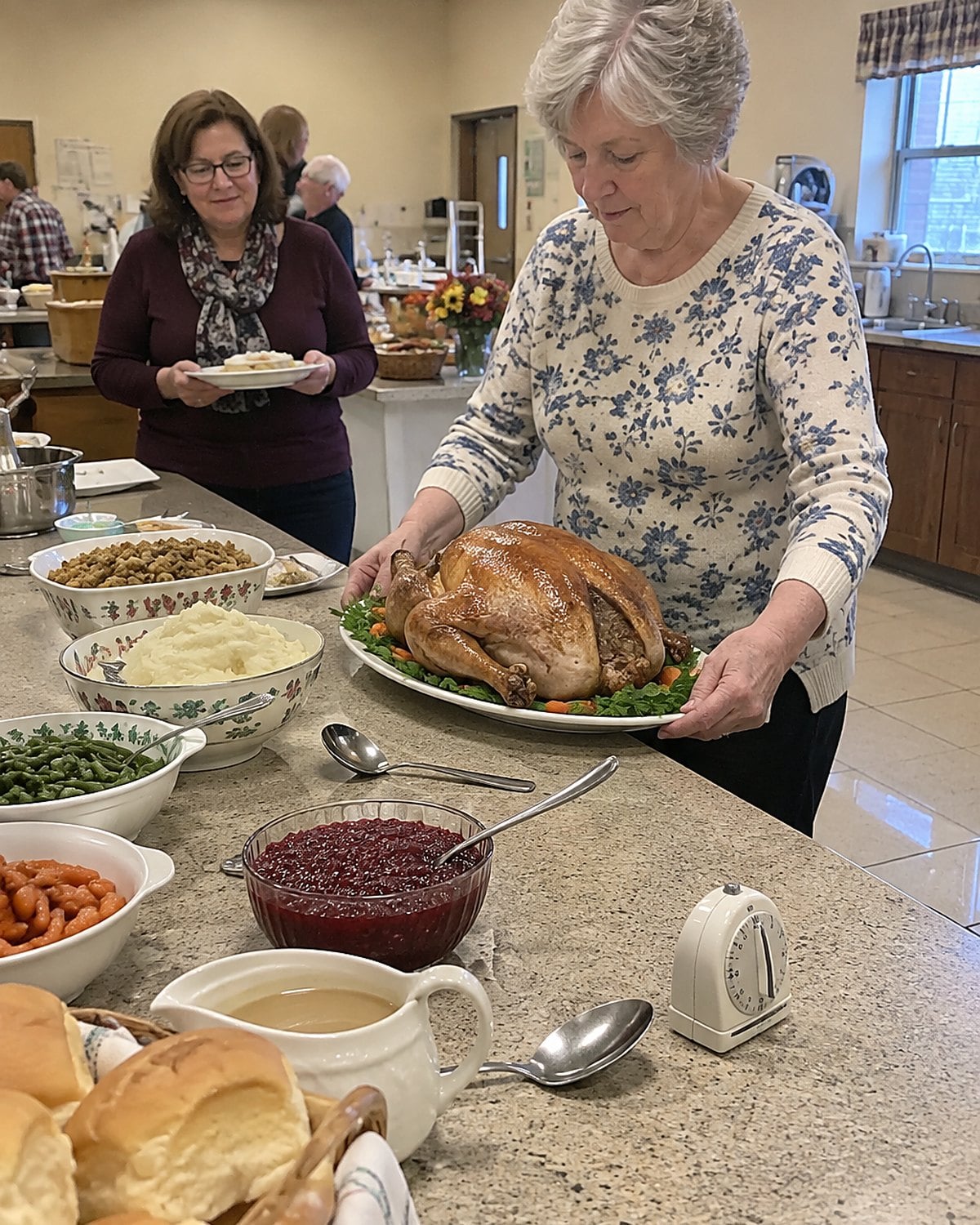 A church hall buffet table with hands setting down a turkey platter and a small kitchen timer beside the serving spoons.