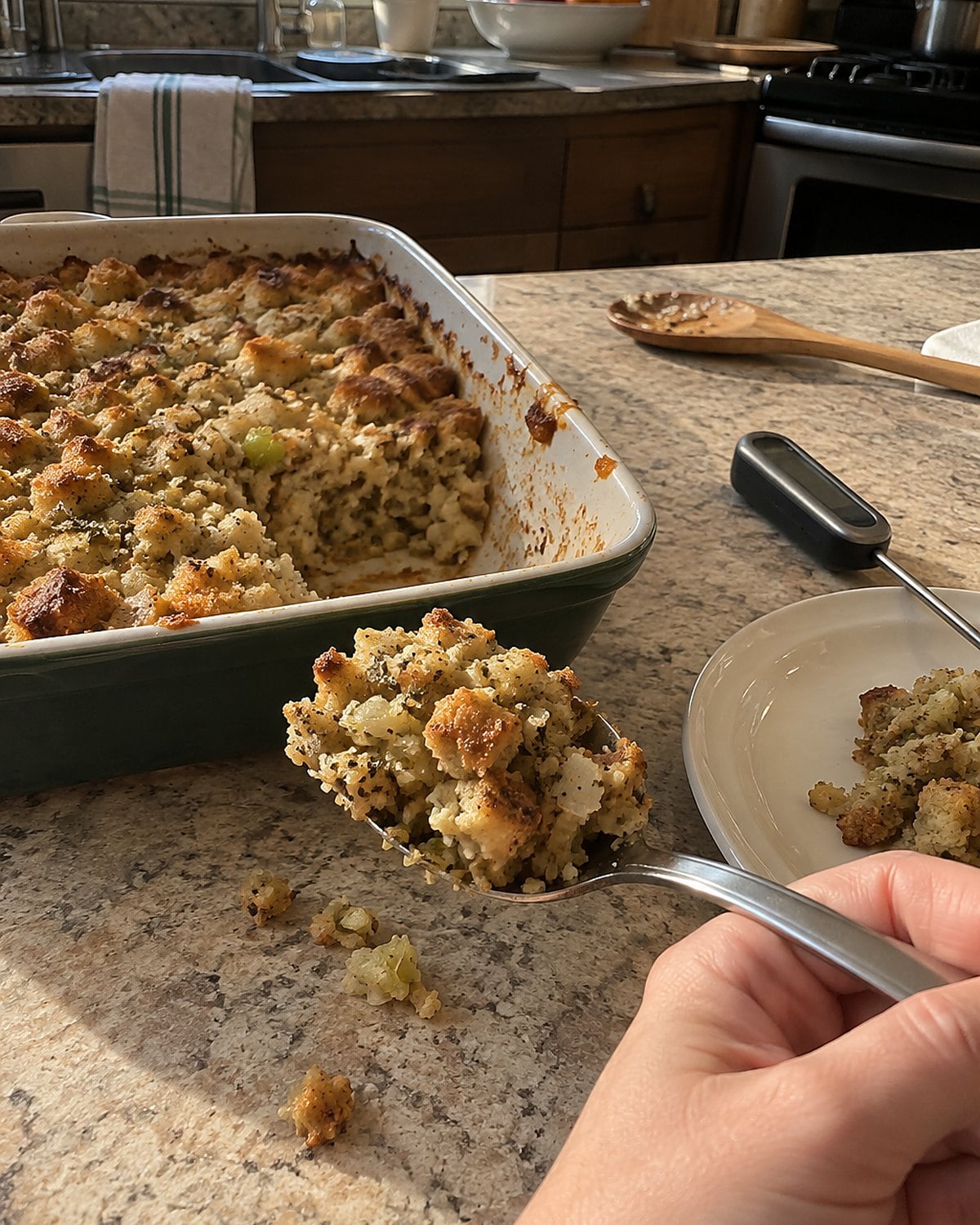 A spoonful of sage stuffing beside a baking dish, with a food thermometer resting on the counter.