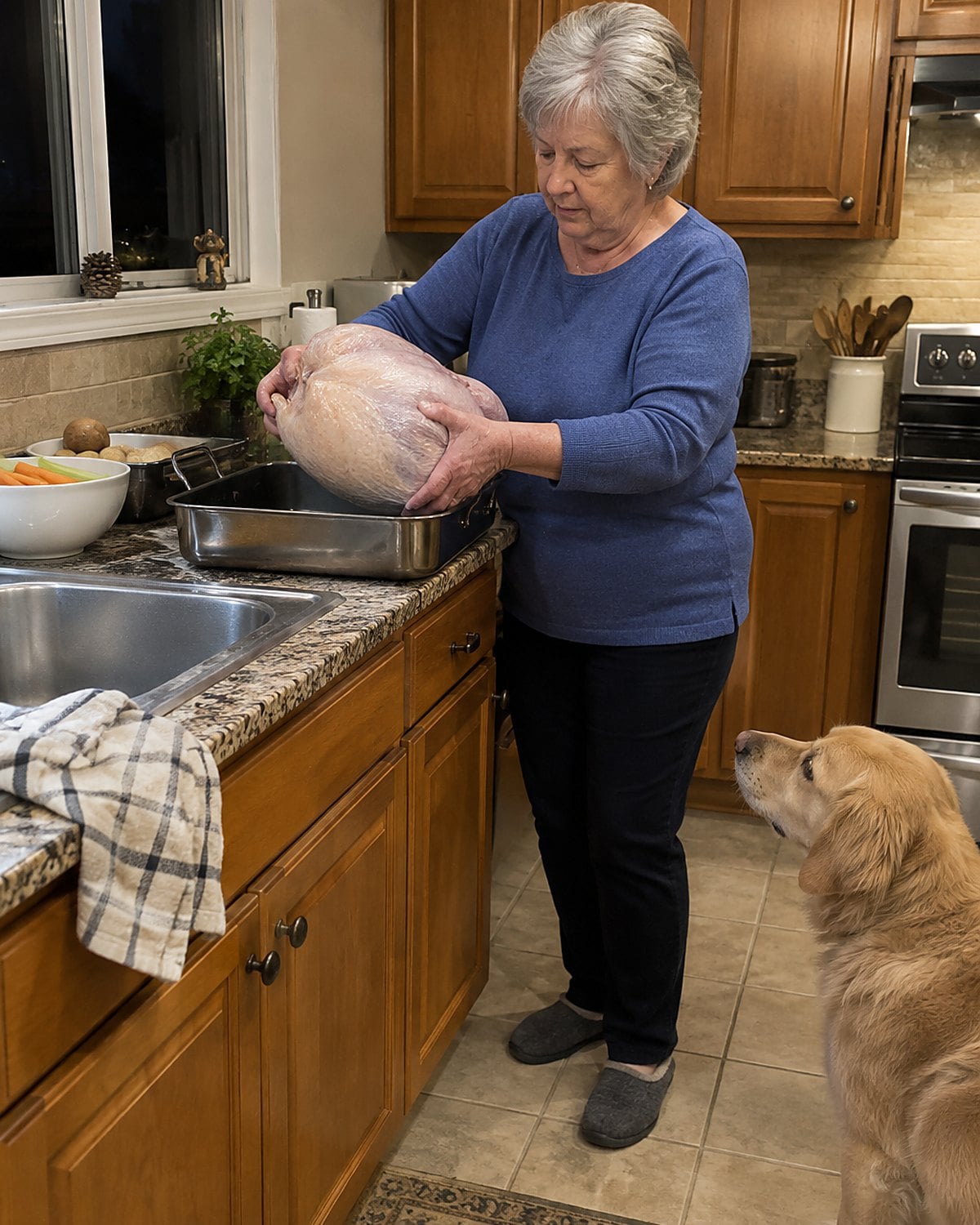 An older womanโs hands lifting a wrapped turkey from a kitchen counter beside a darkened window.