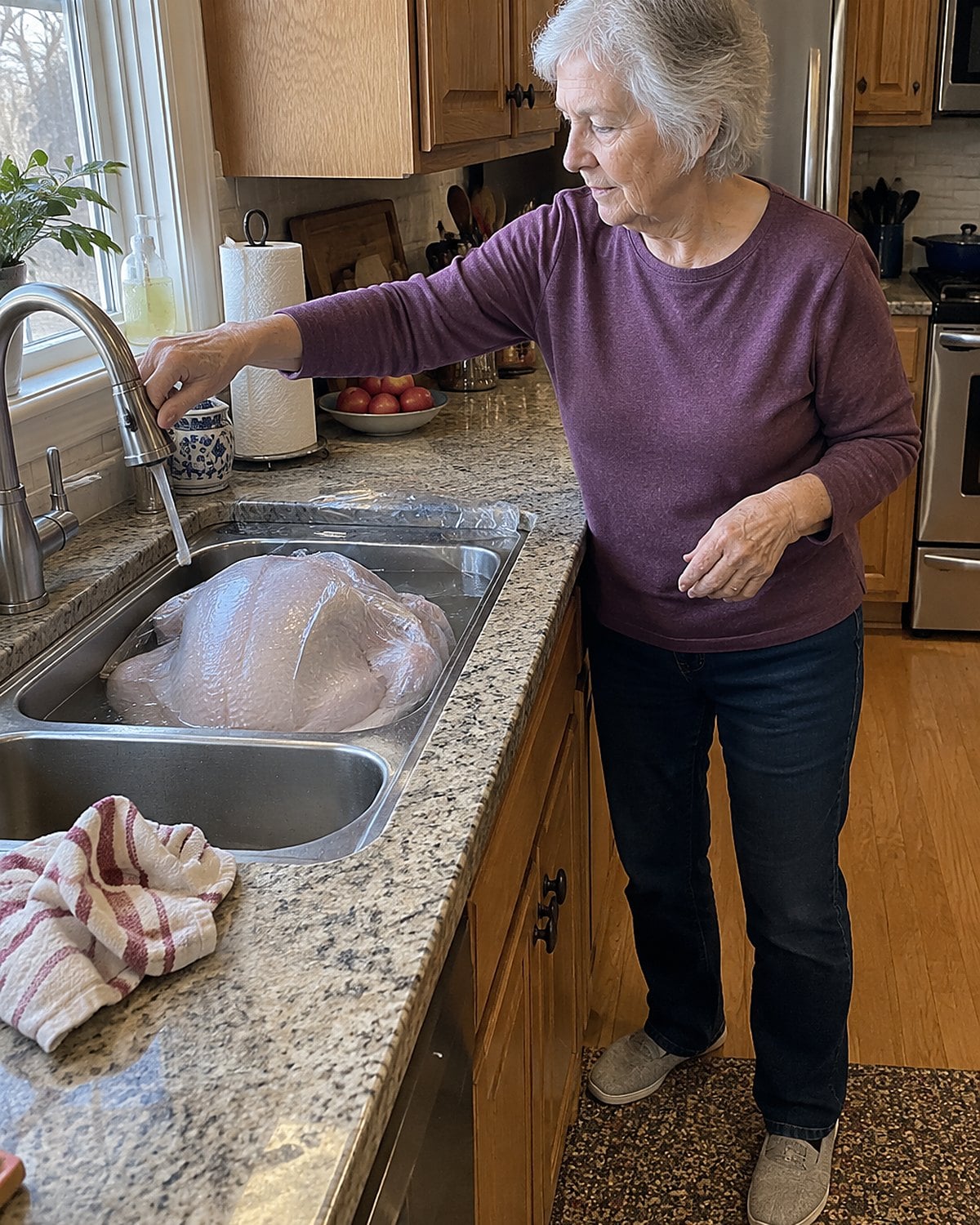 A wrapped turkey submerged in a sink of cold water as an older womanโs hands turn the faucet off.