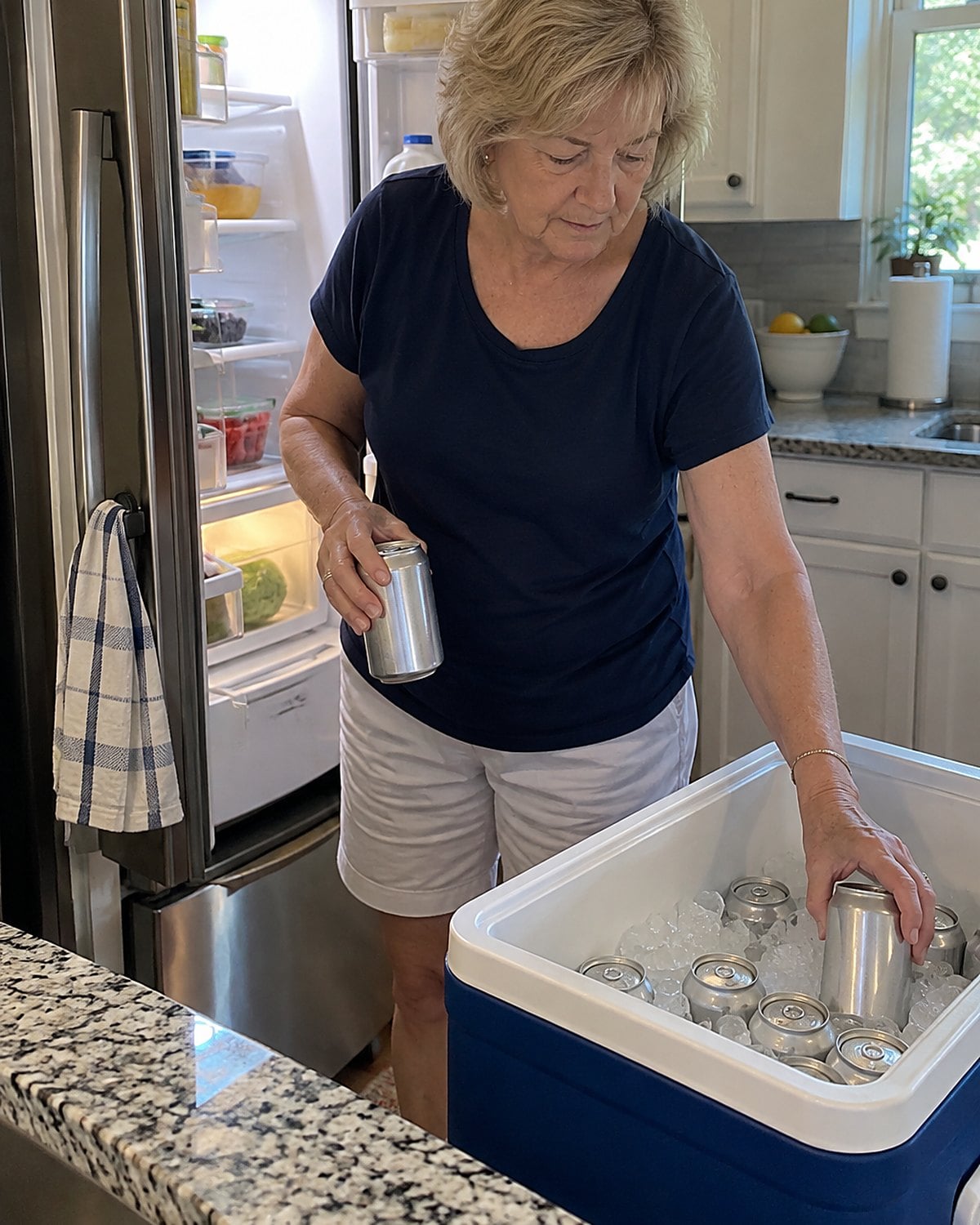 Hands moving soda cans into an ice-filled cooler beside an open refrigerator door.