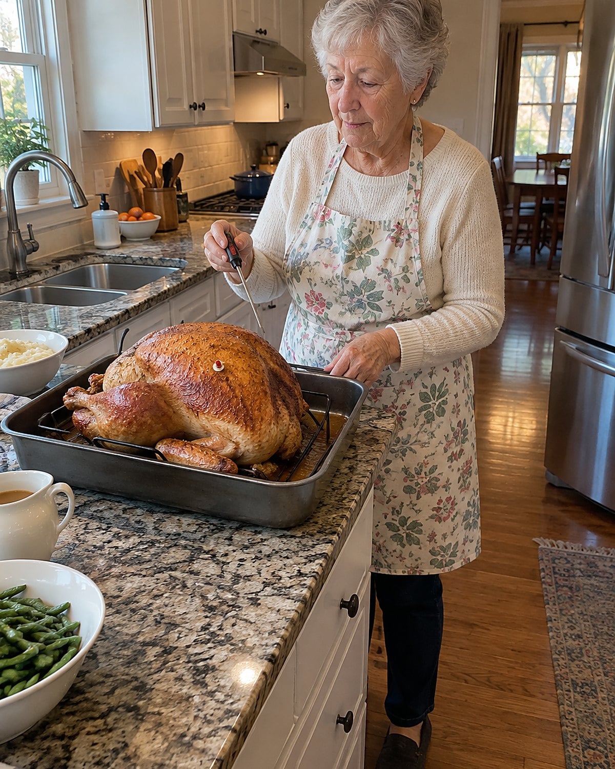 An older womanโs hands holding a food thermometer beside a turkey with a raised pop-up button.