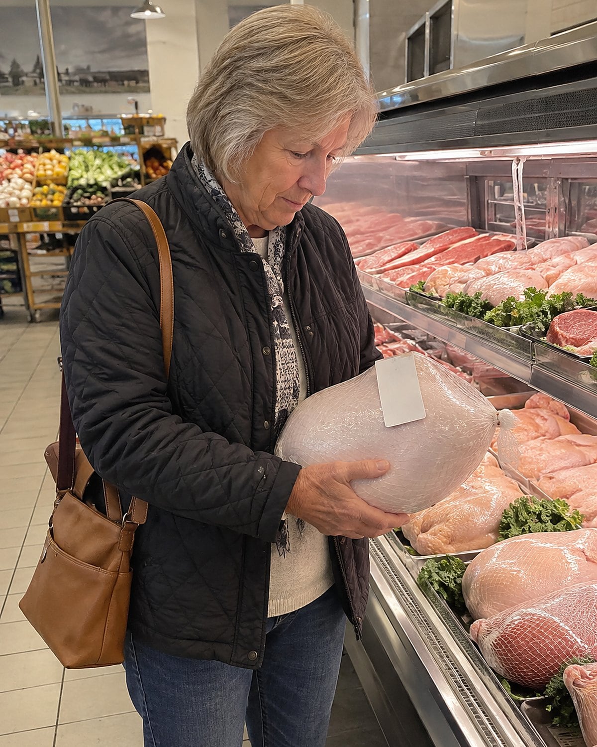 An older womanโs hands checking the weight label on a wrapped turkey at a market meat case.