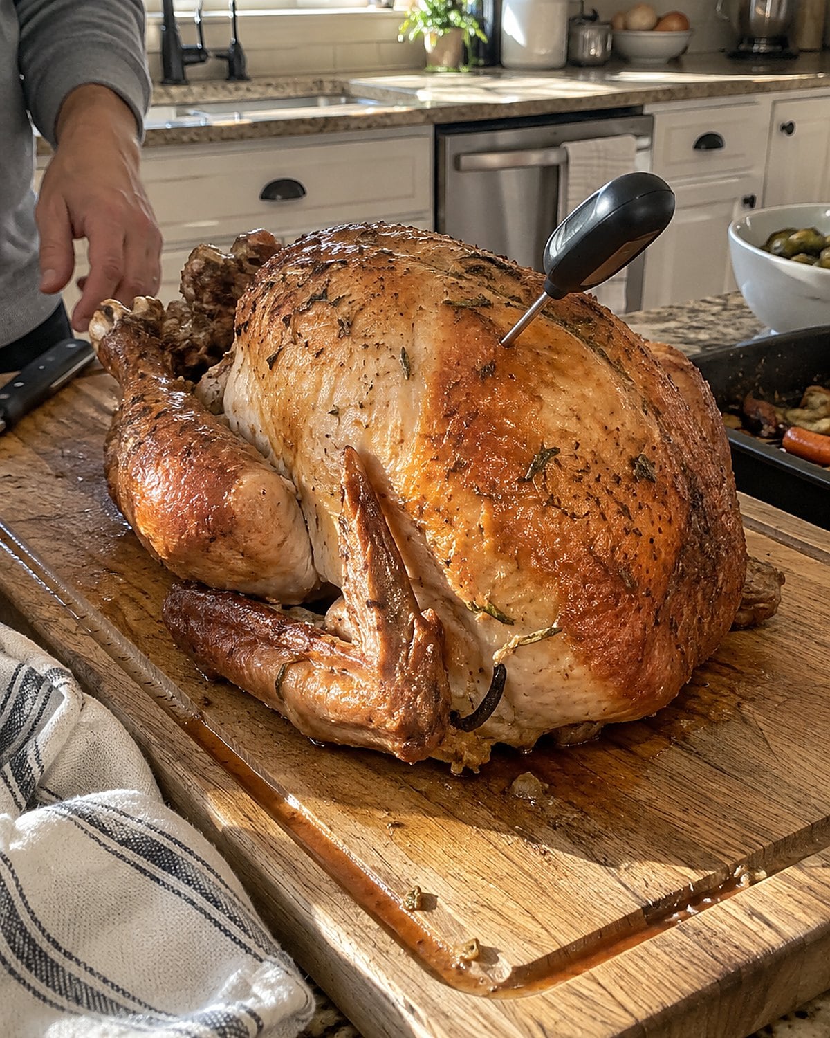 A food thermometer probe in the thick part of a turkey breast on a carving board, with the rest of the bird close by.