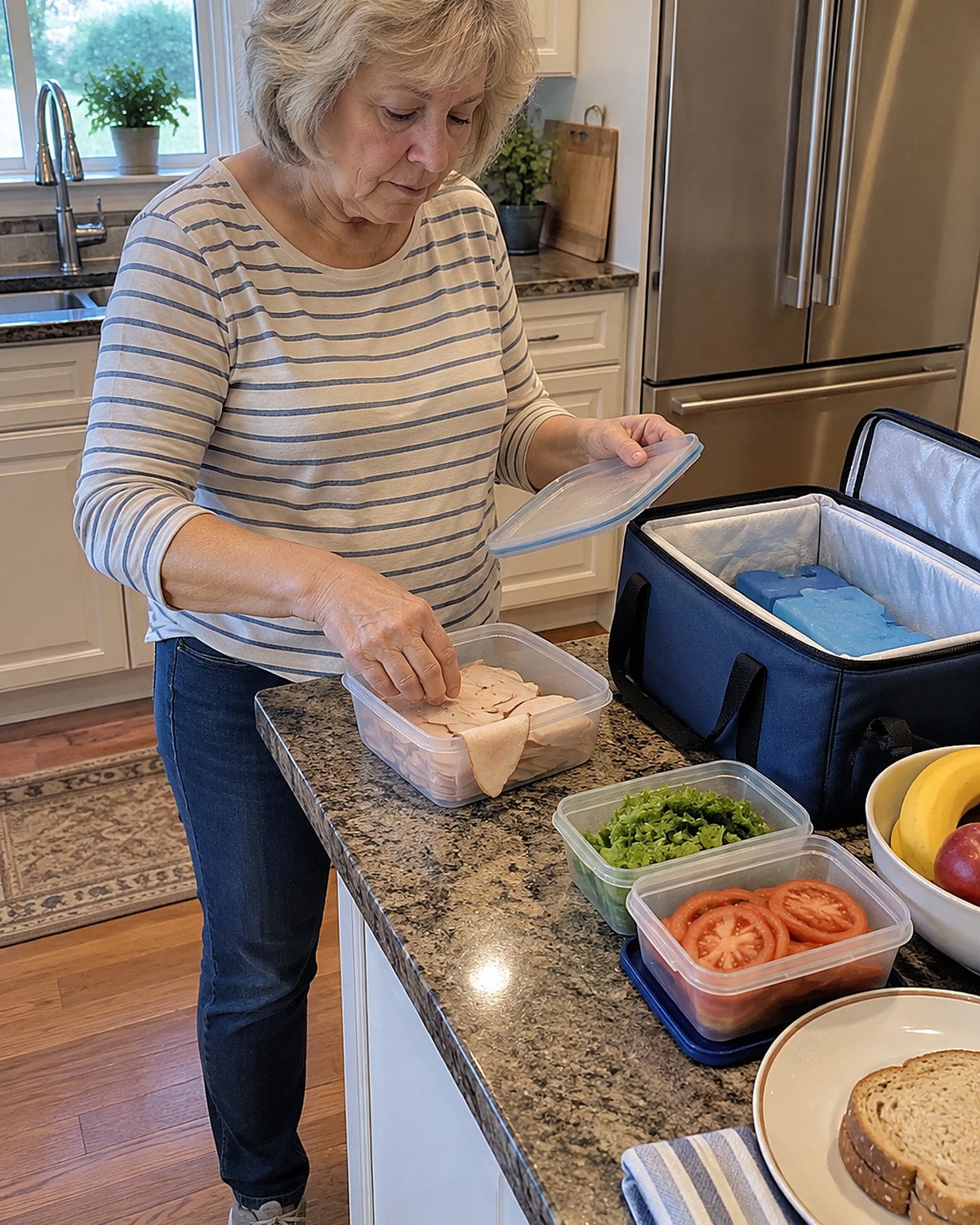 An older womanโs hands packing turkey slices into a shallow container beside an open cooler and ice packs.