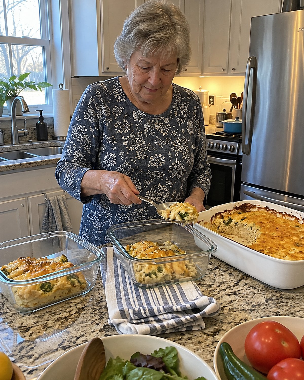 Hands dividing a baked casserole between shallow containers on a crowded kitchen counter.