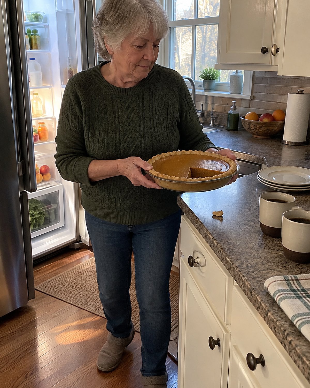A partly sliced pumpkin pie on a counter beside coffee cups as hands lift it toward an open refrigerator.