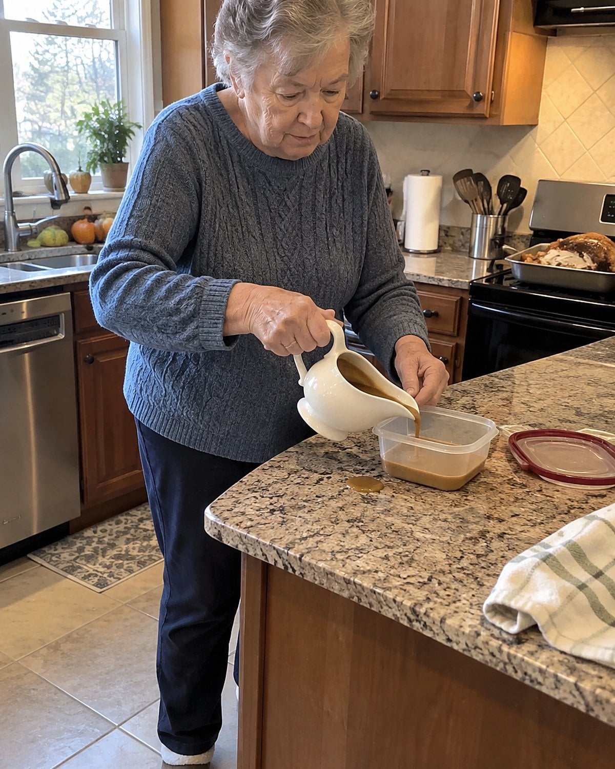 An older womanโs hands pouring leftover gravy from a gravy boat into a shallow lidded container.