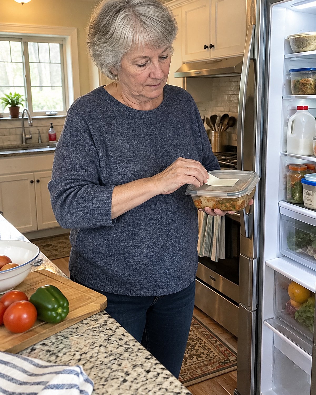 Hands pressing a strip of masking tape onto a shallow leftover container by the open fridge.