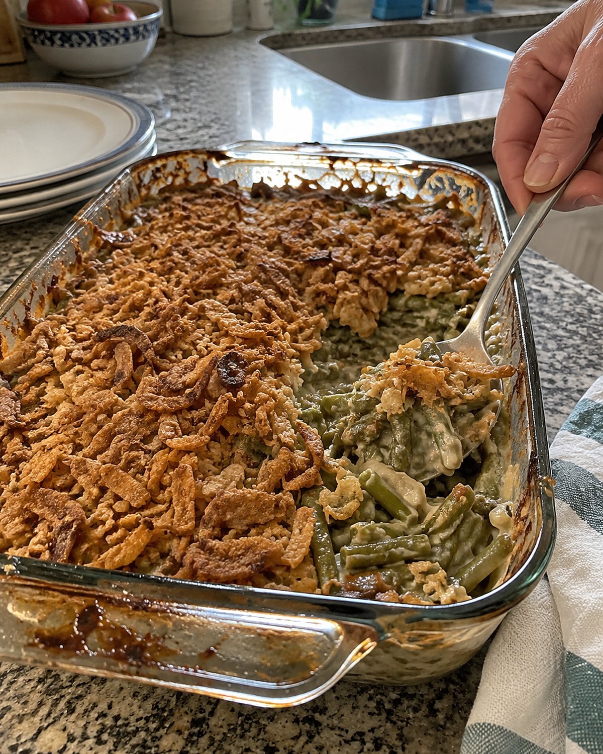 A spoon breaking the browned top of a green bean casserole in a glass pan.