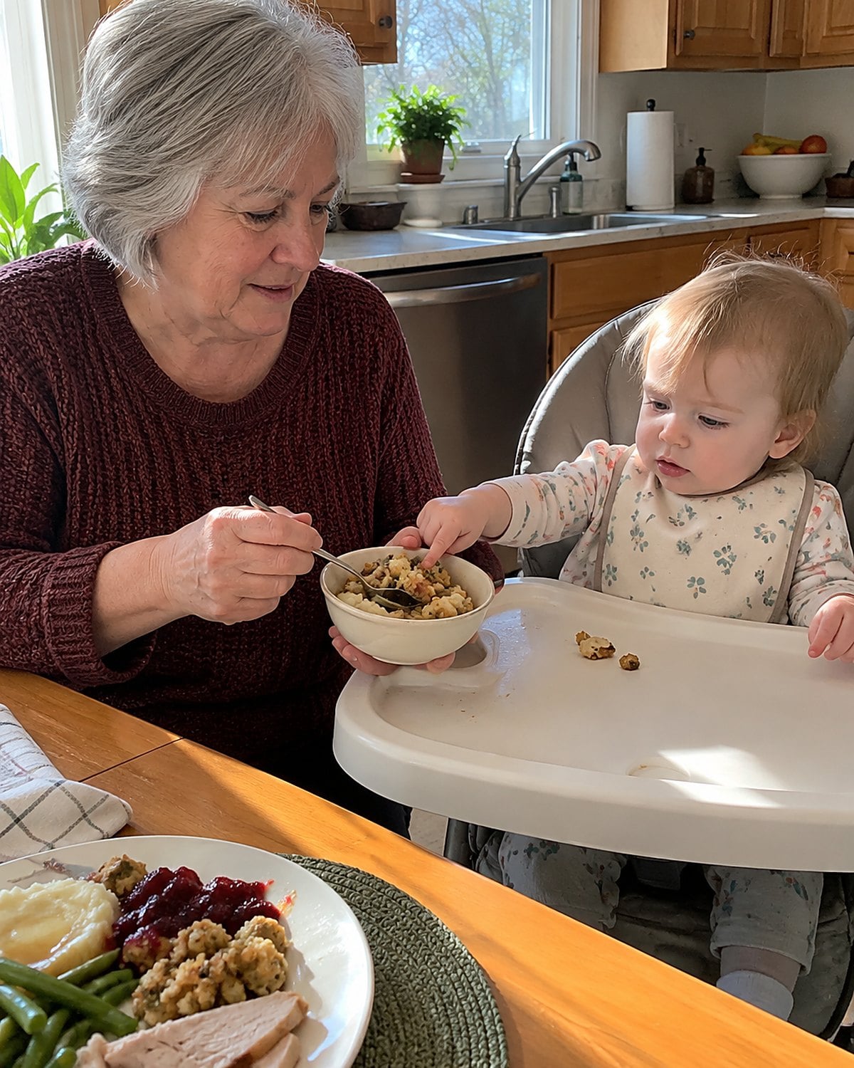 A grandchild in a high chair reaching toward a small bowl of stuffing held by an older adult.