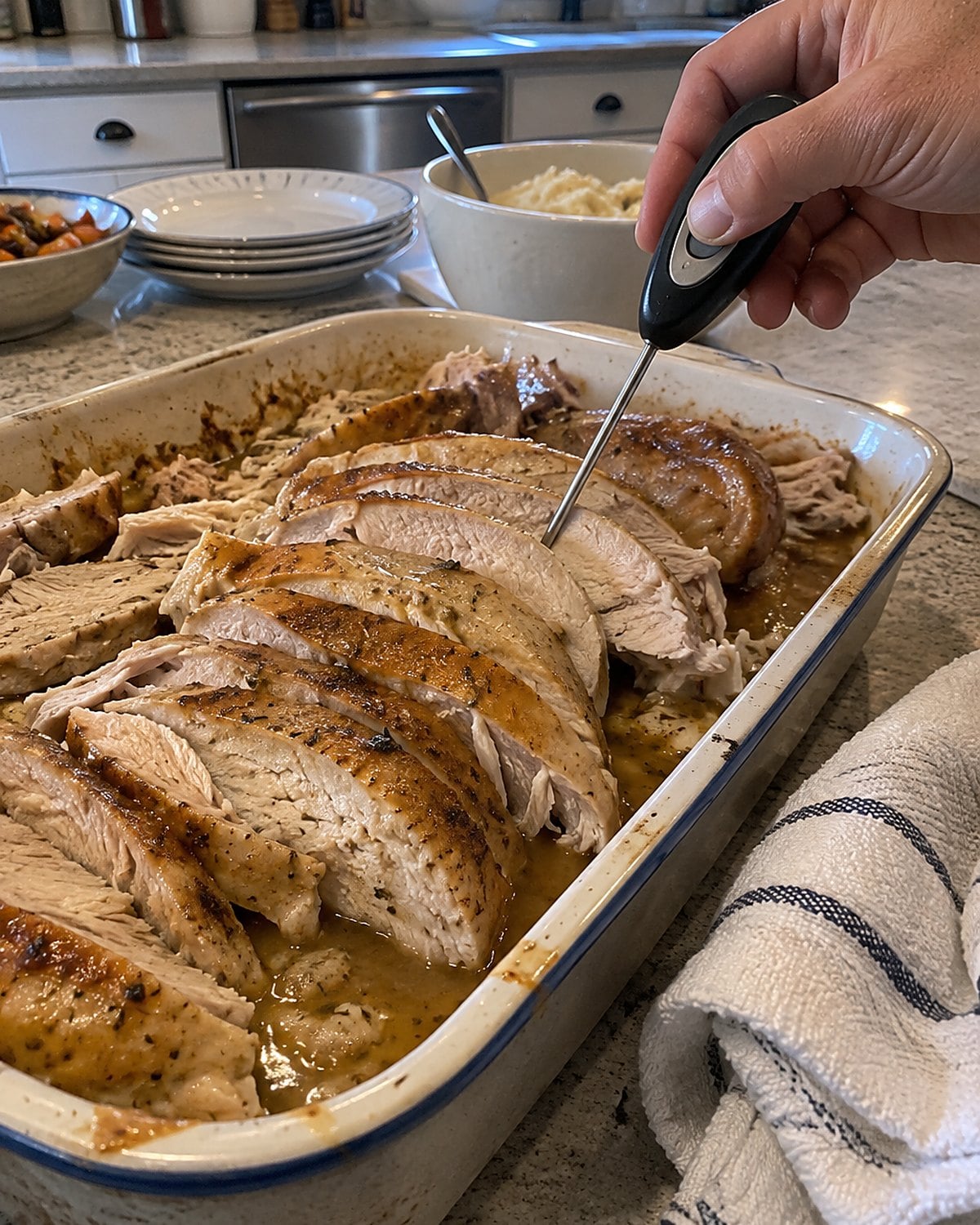 A food thermometer pressed into stacked turkey slices beneath gravy in a chipped baking dish.