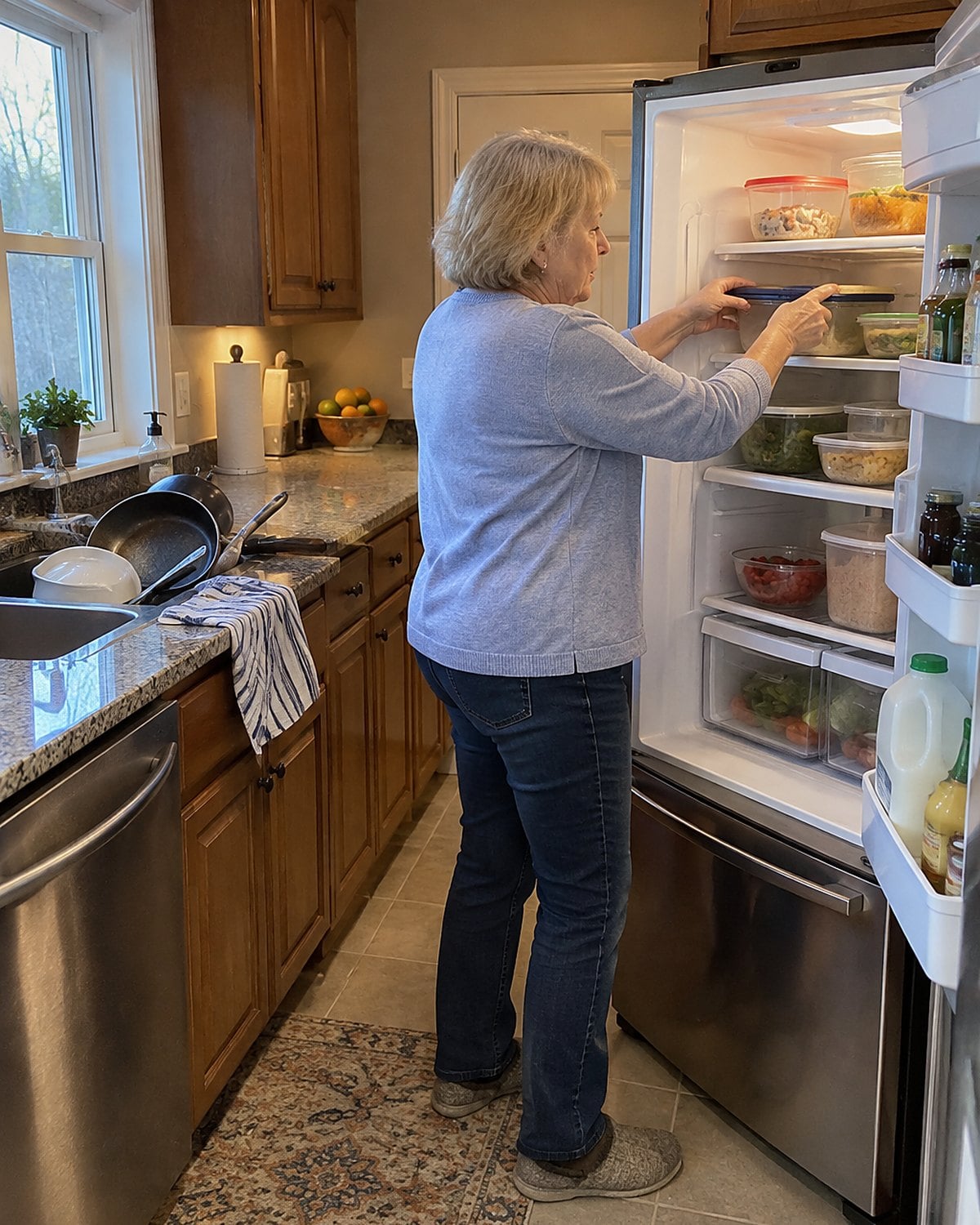 An older woman sliding shallow leftover containers onto a cleared fridge shelf while dirty pans wait by the sink.