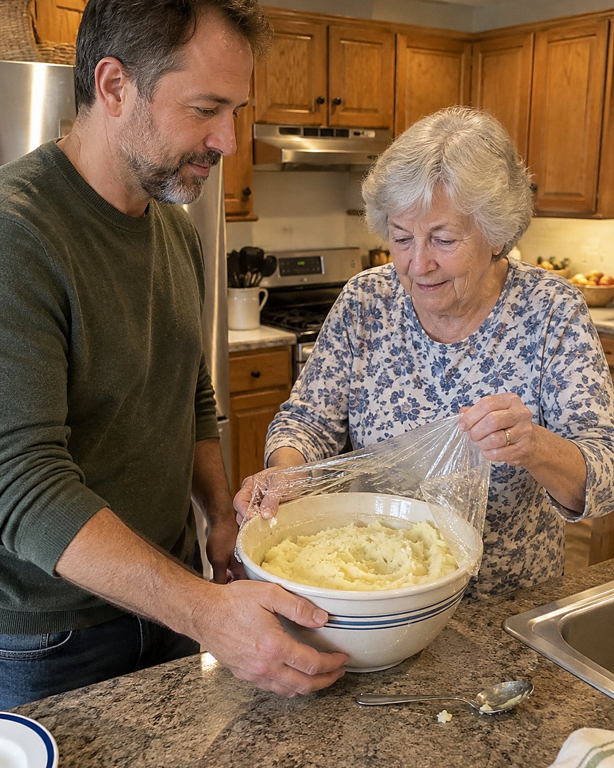 Hands lifting plastic wrap from a deep serving bowl of mashed potatoes.