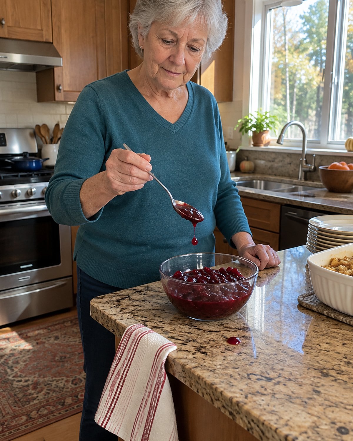 An older womanโs hand lifting a used spoon from a bowl of cranberry sauce.
