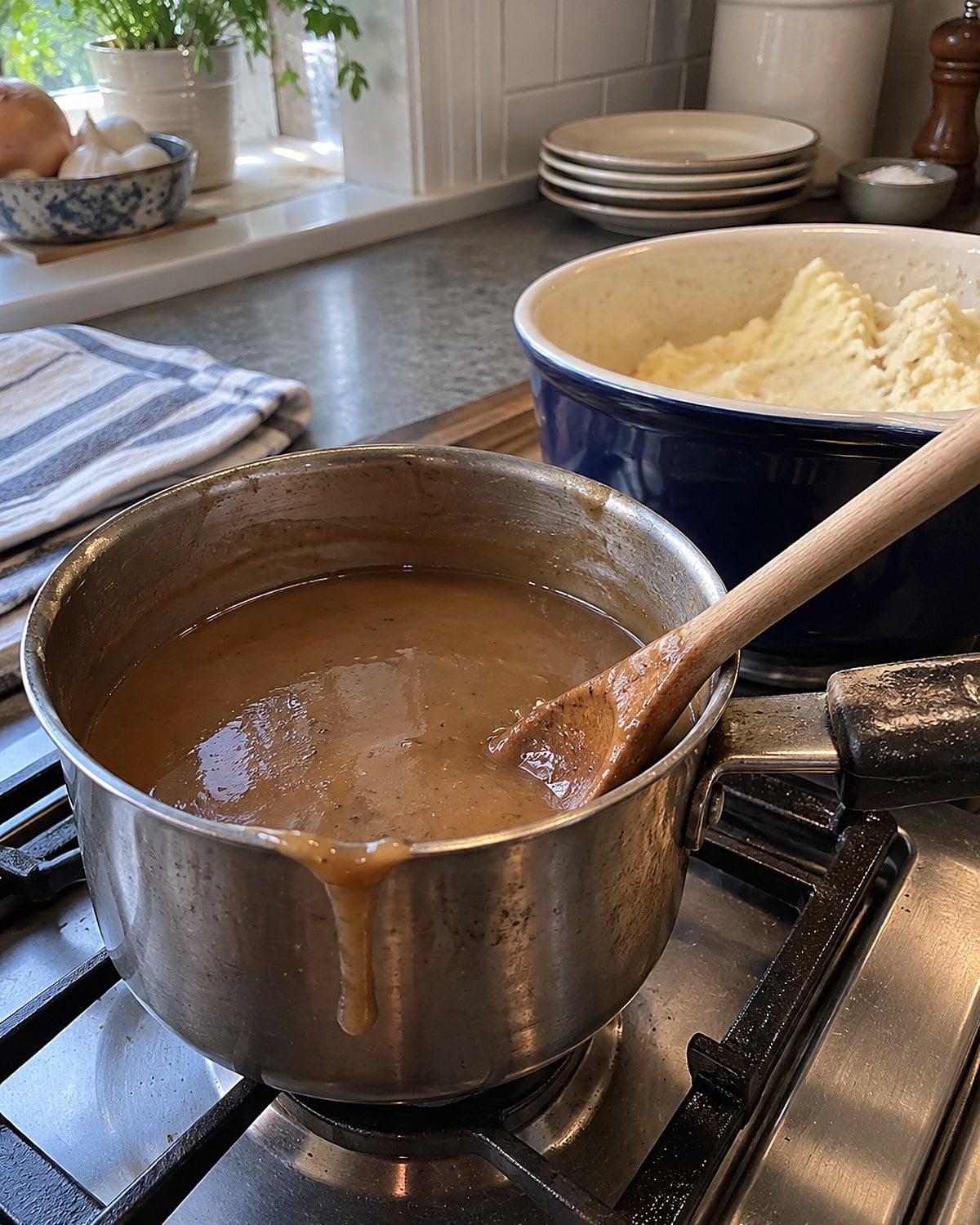 A small saucepan of gravy beside a larger cold container on the stove.