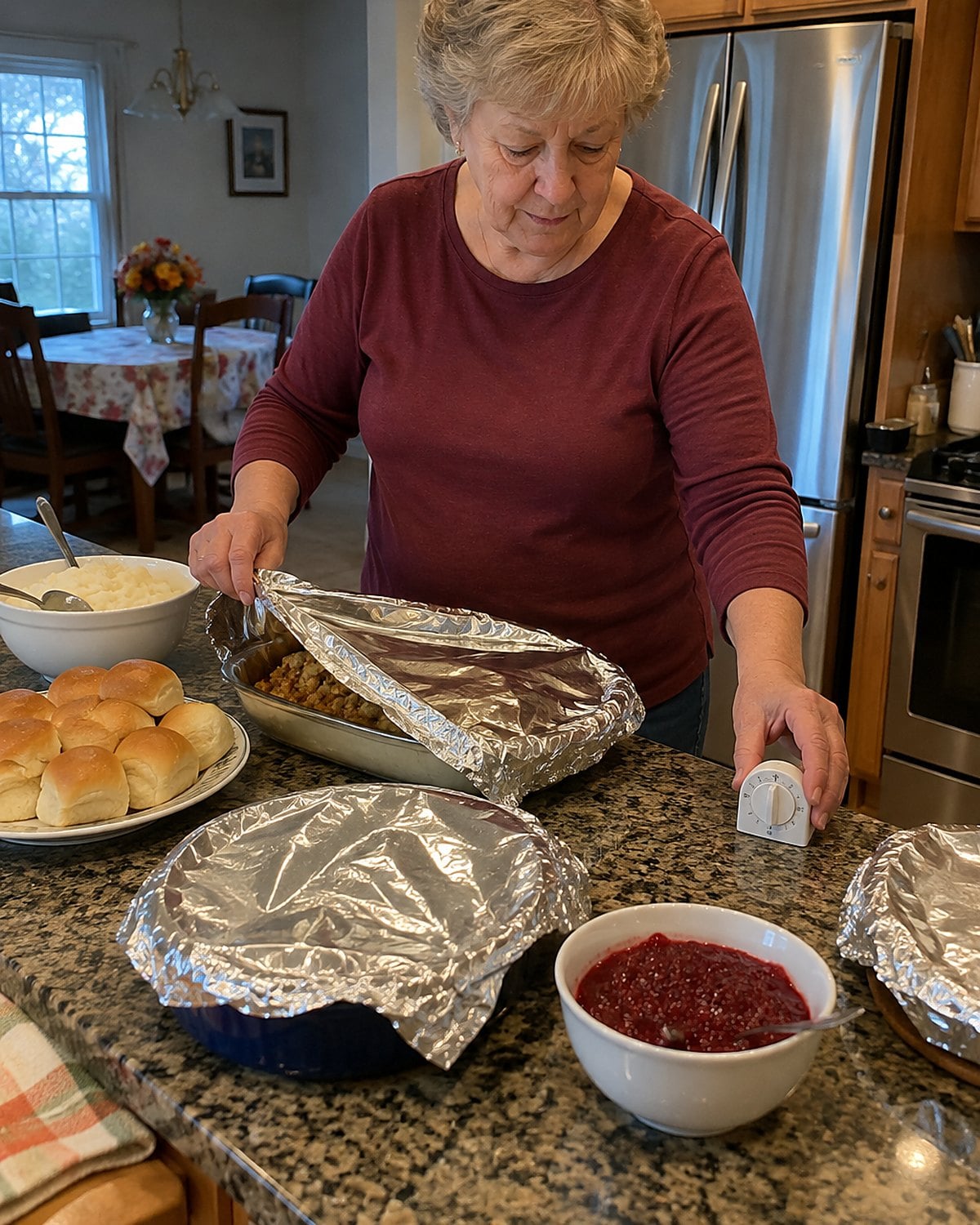 A hand setting a kitchen timer beside a buffet of foil-covered Thanksgiving dishes.