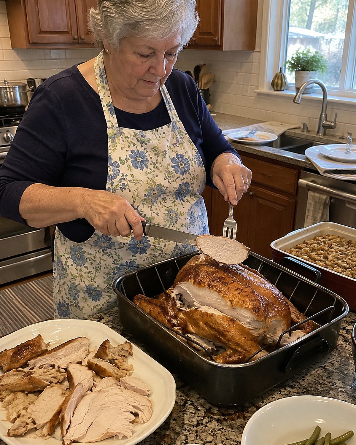 An older woman carving turkey from a roasting pan while used dinner plates wait by the sink.
