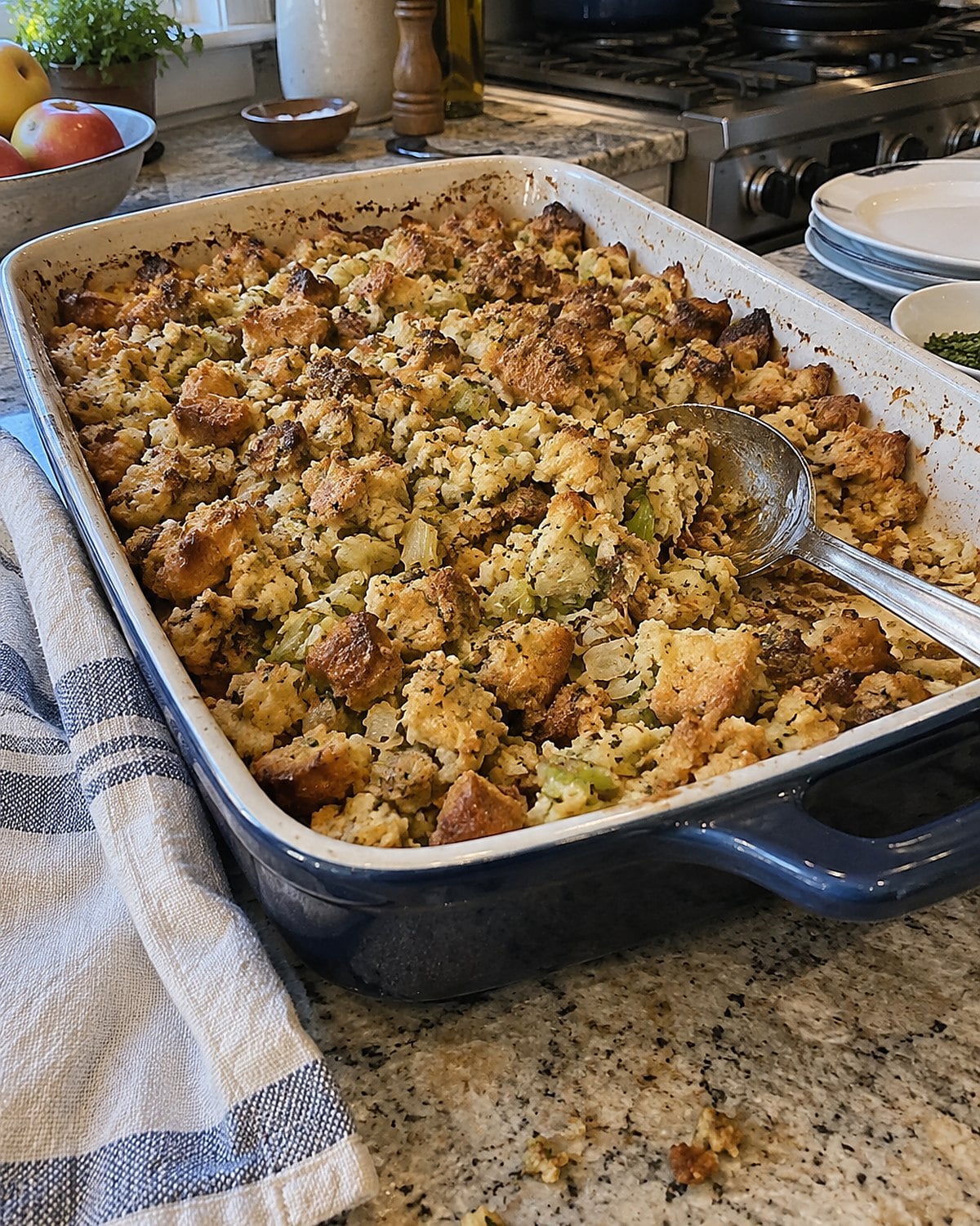 A serving spoon resting against a dish of stuffing on a cluttered kitchen counter.