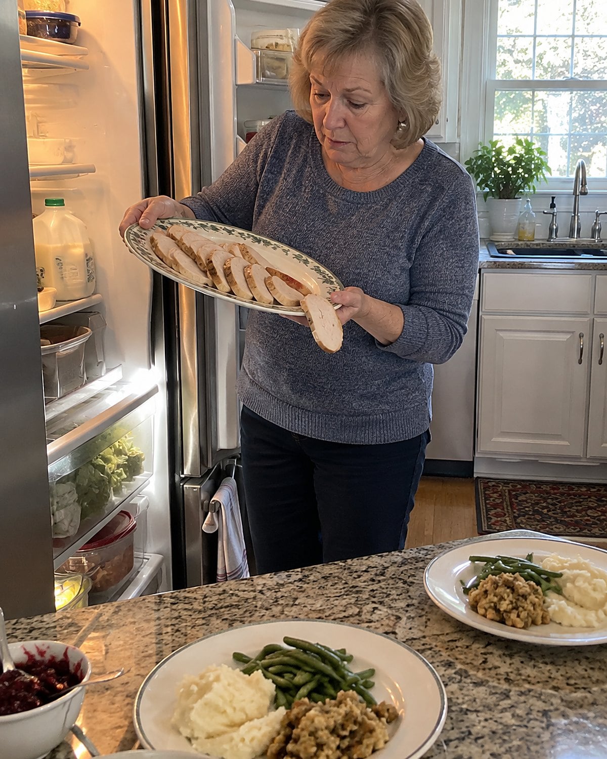 An older womanโs hands lifting a turkey platter from the fridge while lunch plates wait on the counter.