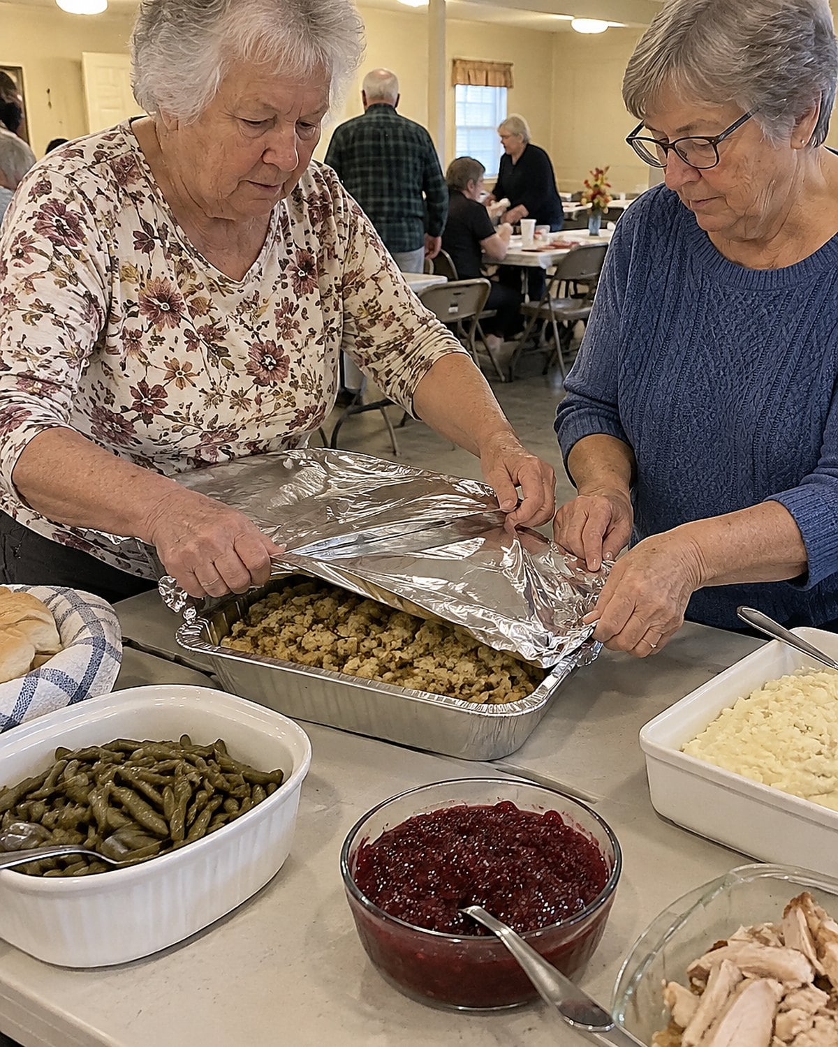 Hands folding foil over a pan of stuffing on a busy church hall serving table.
