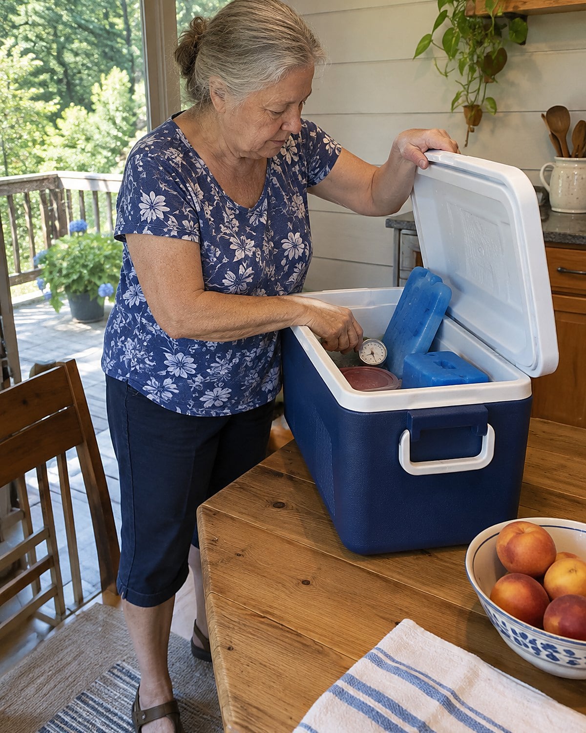 An older woman opening a cooler on a porch to check the thermometer among cold packs.