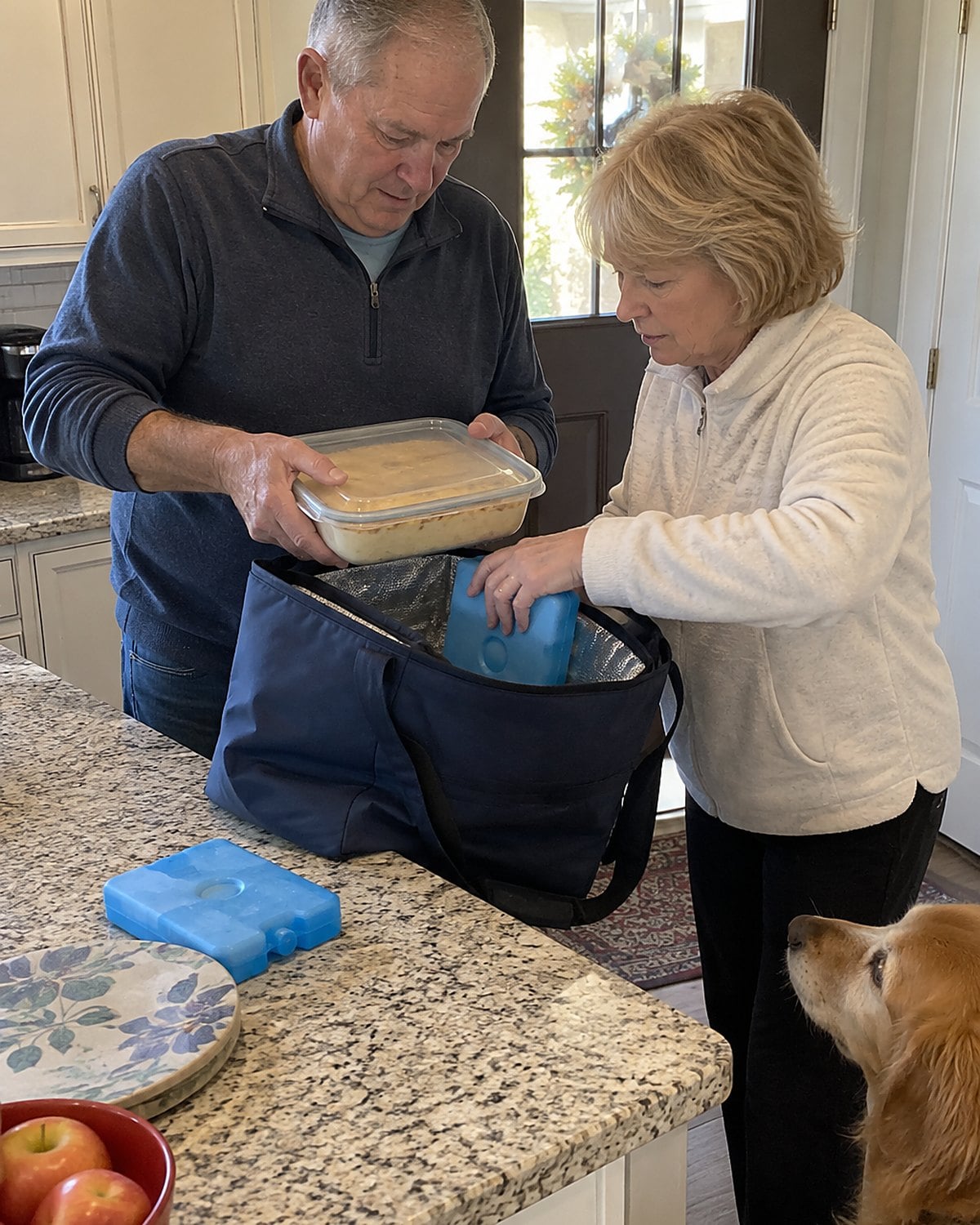 Hands placing a covered casserole dish and frozen cold packs into an insulated bag by the front door.