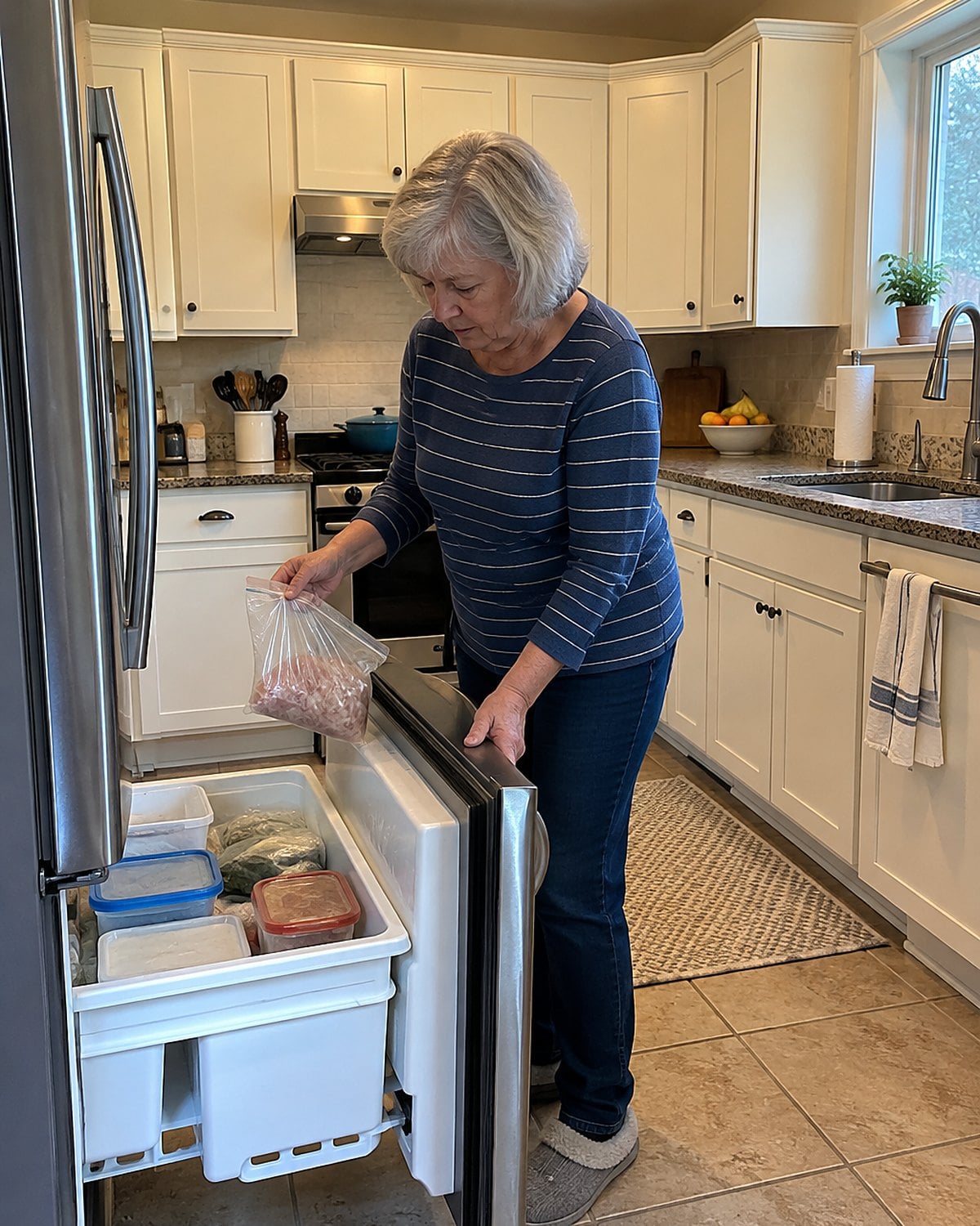An older womanโs hands holding an unmarked freezer bag over an open freezer drawer.