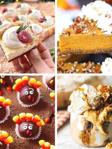 A collage featuring popular Thanksgiving potluck desserts including festive cheesecake bars, pumpkin pie, turkey Oreo balls, and pumpkin bread pudding.