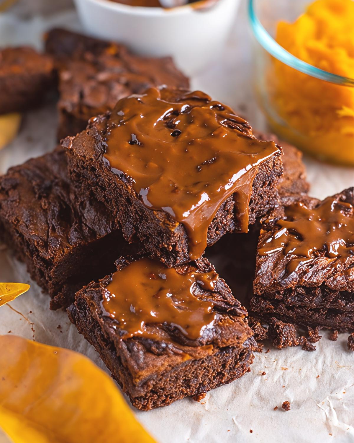 A stack of fudgy air fryer pumpkin brownies topped with smooth chocolate glaze, perfect for easy Thanksgiving potluck desserts.